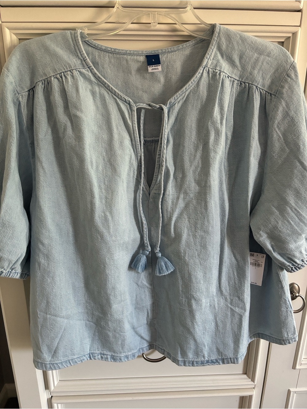 Old Navy Light Blue denim Tie-Front Peasant Top - Picture 2 of 7